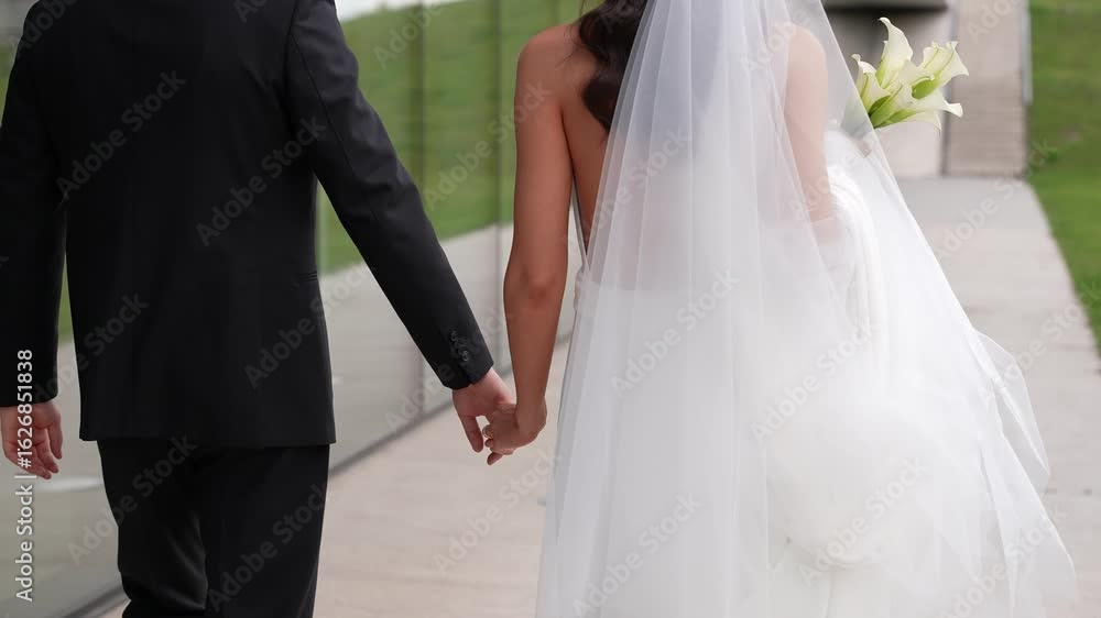 A bride and groom holding hands as they walk together in wedding outfits on a paved pathway A bride and groom holding hands as they walk together in wedding outfits on a paved pathway