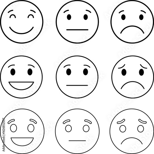 Line Icon Set of 3 Emotional Emojis Happy, Neutral, Sad