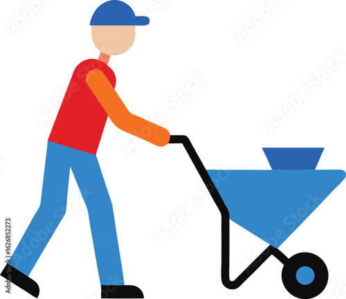 Garden workers agriculture tools man working with shovel and wheelbarrow farmer carrying bucket plants cultivation male digging soil gardening occupation vector gardeners set