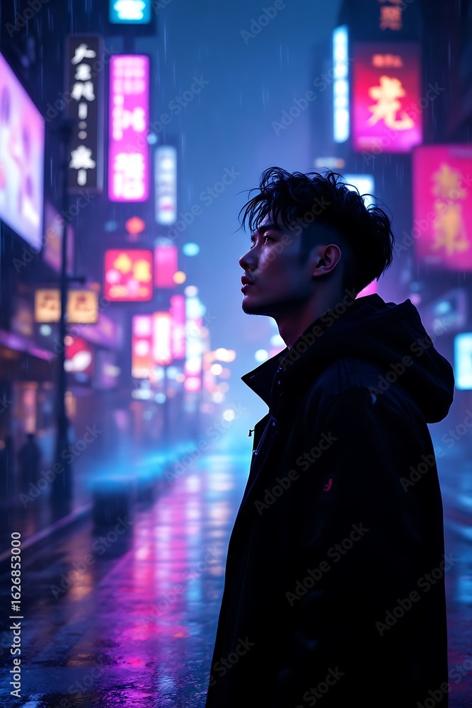 Obraz premium Young man in black jacket gazes at neon signs on rainy city street asian male