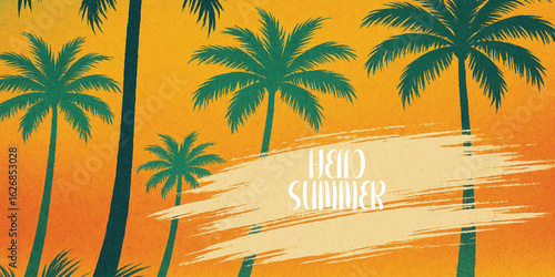 Summertime background with palm trees, summer sun and white brush strokes for your season graphic design. Vector illustration.