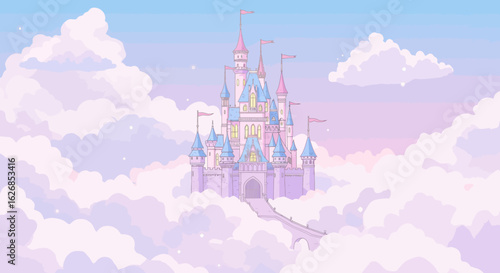 Dreamy Pink Castle Floating in the Clouds with Flags and Turrets.