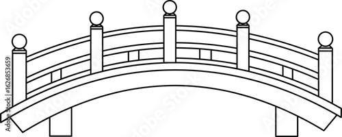 Arched pedestrian bridge silhouette, CAD line drawing vector illustration, symmetric architecture with spherical posts and railings
