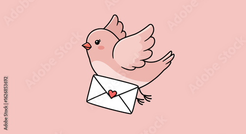 Cute Pink Bird Delivering Love Letter with Heart Seal.
