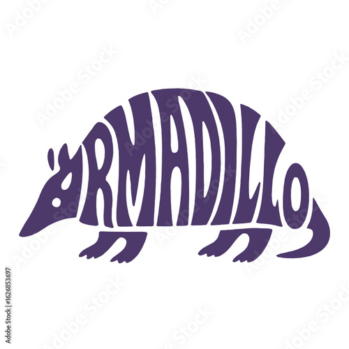 Armadillo illustration in purple with stylized text design  