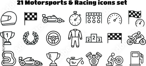 Set of 21 motorsports and racing icons in bold black outline style featuring racing helmet, checkered flags, race cars, stopwatch, dashboard, speedometers, trophy, laurel wreath, steering wheel 