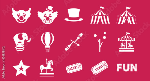 Vector illustration of circus icons with clown, hat, tent, elephant, balloon, and carousel on red background