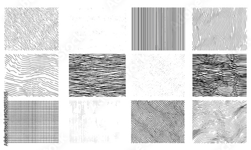 Decorative line patterns set with grid texture, hand-drawn straight and curved lines, geometric hatching backgrounds, vintage ink stripes, marker scratches, abstract tile brush canvas