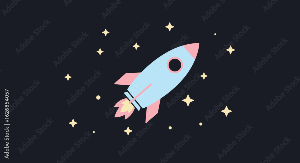 Naklejka premium Cartoon Rocket Ship Launching in Space with Stars.