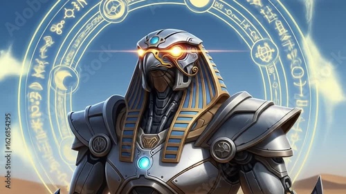 Mysterious robotic falcon warrior emerges from ancient desert sands, glowing with mystical energy and powerful ancient symbols