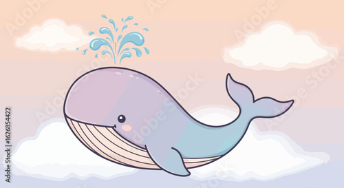 Cute Cartoon Whale Spouting Water in a Dreamy Sky.