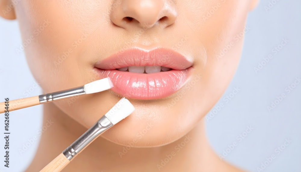 Naklejka premium Close-up of woman’s lips being gently brushed with makeup applicators