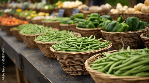 Organic produce arranged in neat rows on a market table, baskets filled with green beans and peppers