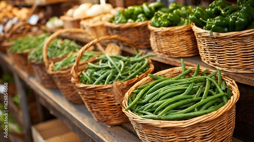 Organic produce arranged in neat rows on a market table, baskets filled with green beans and peppers