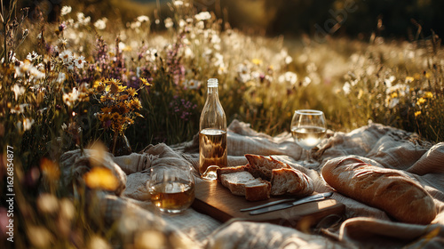 Sunny picnic in European meadow with wine and bread