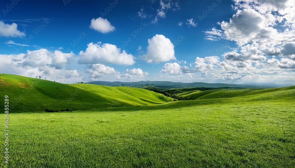 Fototapeta premium vast grassy field rolling hills and a vibrant blue sky with puffy white clouds lush greenery surrounds the scene