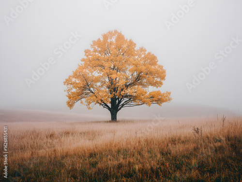 A foggy morning in a field with a lone tree covered in golden leaves, shot in pastel tones for a dreamy effect
