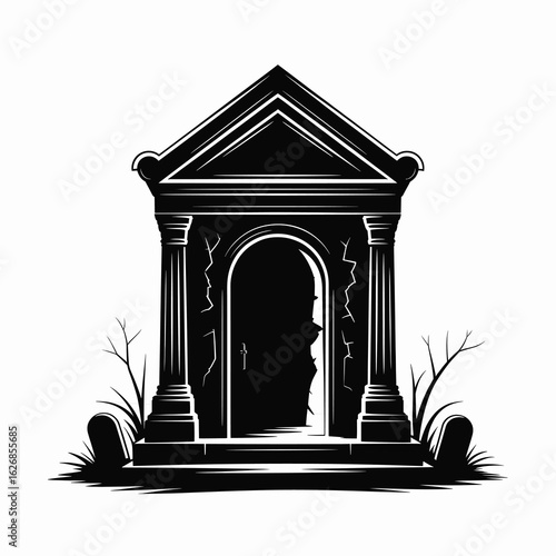 Black silhouette of a mausoleum with cracked door and bare branches