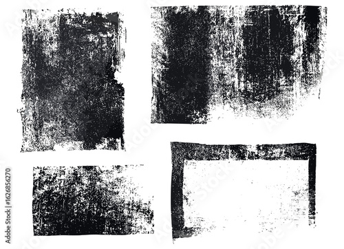 Small square linocut shapes set with hand printed grunge textures. Distressed relief block printing, rough scuffed ink stamps, retro artistic frames, abstract vintage background patterns collection