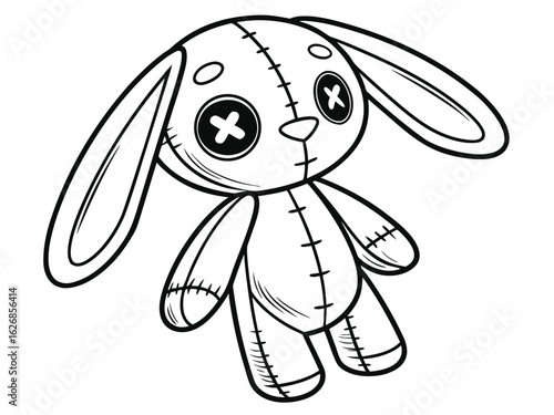 Crazy voodoo rabbit. Cute evil rabbit, halloween decoration. Sewn voodoo bunny walking through. Vector illustration. Stitched thread funny monochrome zombie monster. Design for coloring books, sticker