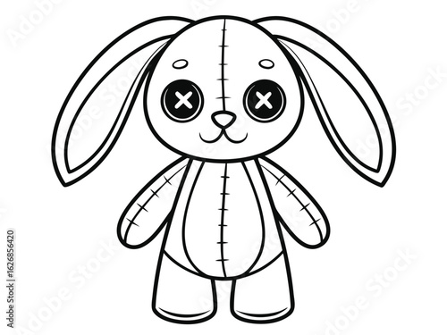Crazy voodoo rabbit. Cute evil rabbit, halloween decoration. Sewn voodoo bunny walking through. Vector illustration. Stitched thread funny monochrome zombie monster. Design for coloring books, sticker