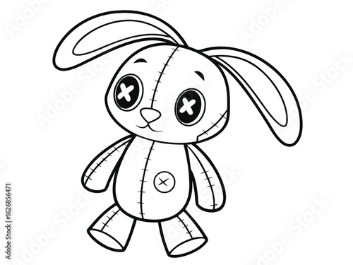 Crazy voodoo rabbit. Cute evil rabbit, halloween decoration. Sewn voodoo bunny walking through. Vector illustration. Stitched thread funny monochrome zombie monster. Design for coloring books, sticker