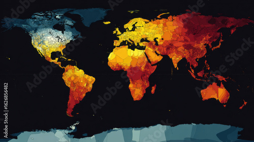 Global temperature map showing varying heat levels across continents oceans and polar regions