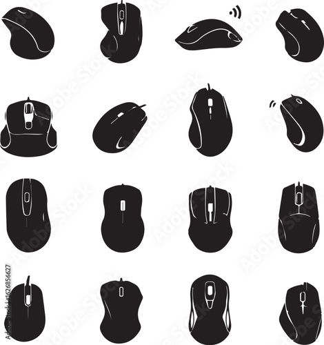 Collection of vector silhouette icons for various computer mouse devices.