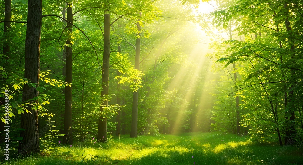 Obraz premium Vibrant green forest with sunlight filtering through trees, serene
