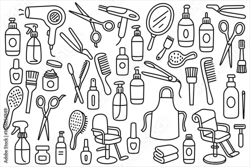 Hand Drawn Hair Salon Tools and Beauty Products Icon Set – Black and White Line Art