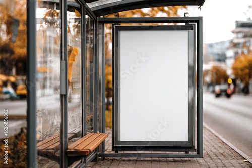Sunny Day, Clean White Display, Modern Gray Frame, Bench, Urban Street, Commercial Opportunity, Public Transit