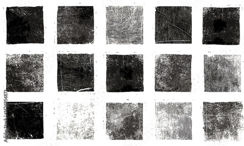 Grungy linocut hand printed square shapes set with textured relief blocks. Rough scuffed lino ink stamps, retro artistic backgrounds, vintage distressed frames, abstract craft design elements