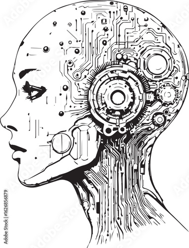  Detailed line art of a human head with an internal circuit board and gears.


