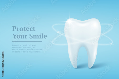 Vector 3d Realistic Tooth on Blue Background. Healthy White Tooth with Glowing Light Effect for Dental Clinic. Banner with Tooth for Dentistry, Tooth Care Concept, Oral Hygiene, Dentist Clinic Design