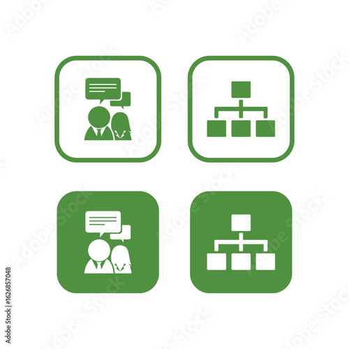 Four icons depicting communication and organizational structure in green and white.