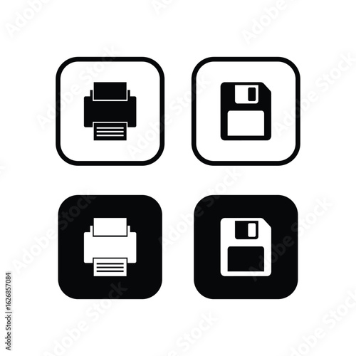 Free Download Four square icons representing a printer and floppy disk, in black and white, for digital document management. - GFXLoad