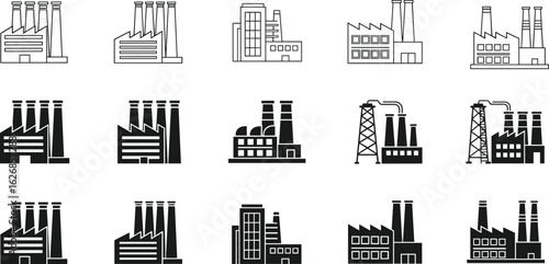 Factory icon set, CAD drawing vector illustration, black silhouette industry elements, building construction design, industrial structure concept
