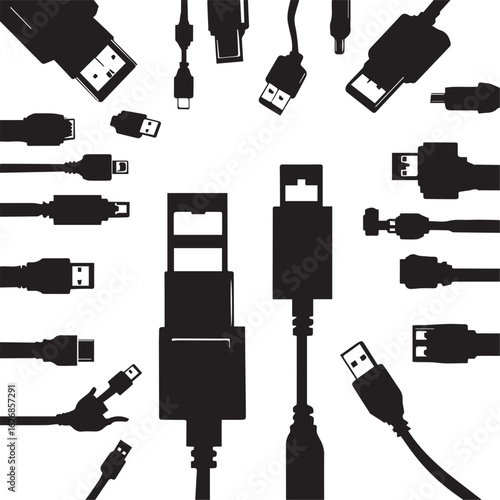  Vector silhouette set of USB, network, and other computer cables and plugs.

