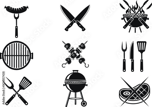 Flat vector illustration of assorted barbecue grill icons, black silhouette set of grilling tools, utensils, meat, skewers, and flames