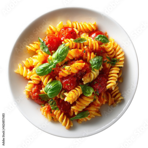 Delicious fusilli pasta with tomato sauce and basil isolated on transparent background