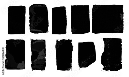 Rectangle rough grunge textures set in linocut relief block printing style. Black lino ink backgrounds with worn paint roller marks, scuffed stains, textured overlays, geometric frames