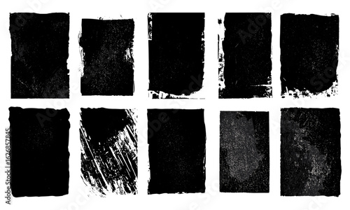 Grunge linocut rectangle shapes set with relief block printing textures. Black textured lino ink backgrounds collection, worn paint roller stains, scuffed artistic frames, vector banner design