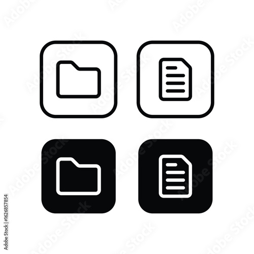 Four icons depicting a folder and a document, presented in both black and white, outline and filled styles.