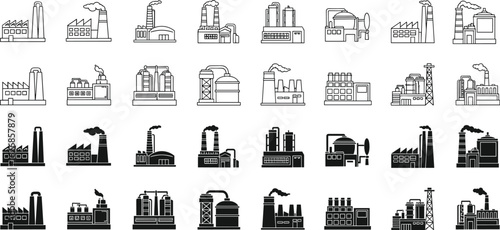 Industrial factory icon set, black and white flat vector, manufacturing building silhouettes, CAD drawing architecture design elements