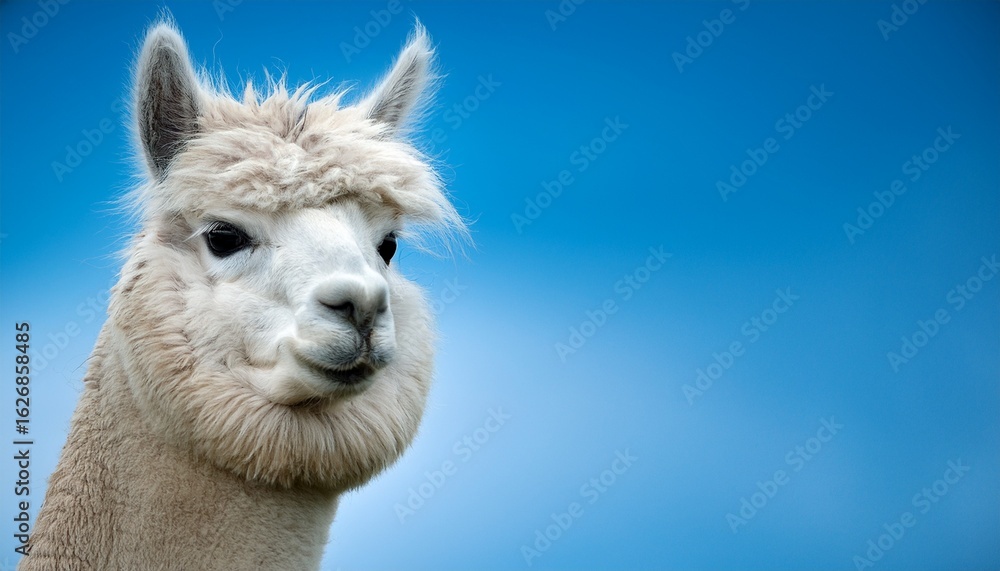 Obraz premium portrait of a white alpaca against a sky blue background