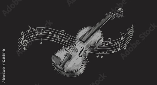 Elegant Violin Illustration with Musical Notes on Dark Background.