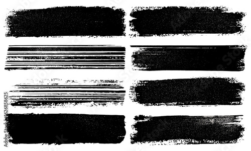 Grungy layered linocut textures set, relief horizontal rectangle prints. Black and white artistic lino ink backgrounds with rough paint roller stains, uneven edges, vintage print design