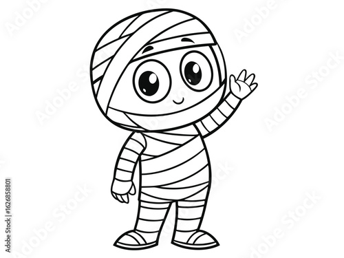 Coloring page, Cartoon mummy character waving with a friendly expression
