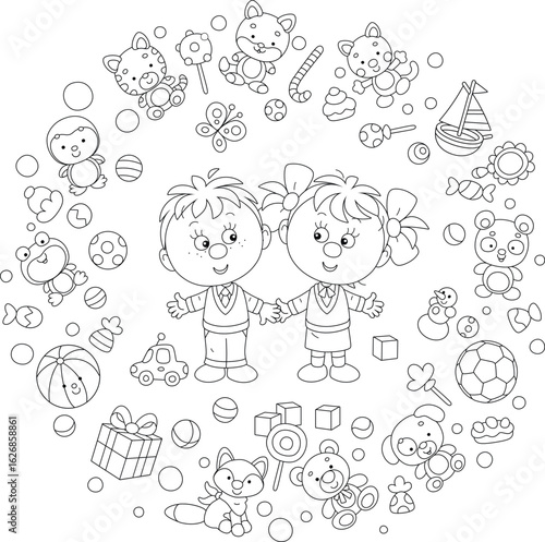 Happy little boy and girl surrounded by their funny toys for games at kindergarten and home, black and white outlined vector illustrations for a coloring book