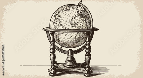 Vintage Globe Illustration with Detailed Stand and World Map.